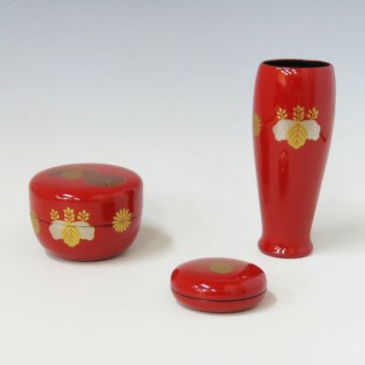 超格安価格 茶道具 塗 三点セット(棗・香合・茶筅筒) 朱 高台寺 木製 宗悦 工芸品