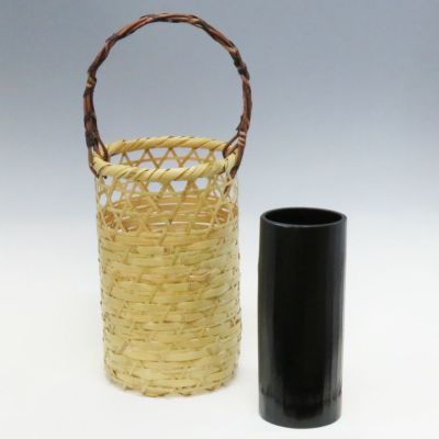 【★安心の定価販売★】 花籠 花入 逢絢亭】茶道具 唐人傘篭 安藤竹良斎 木製 木製の入子 木工、竹工芸