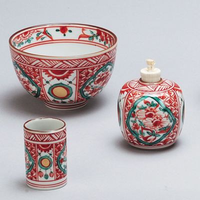 国産品 三点セット（茶碗・振出・茶巾筒） 茶道具 赤絵 三点 昭阿彌 工芸品