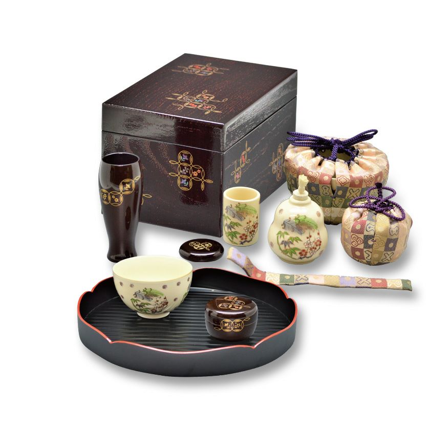 茶道具 木製溜塗 難しく 竹蒔絵 茶箱十二点セット 茶碗 棗 茶筅 振出