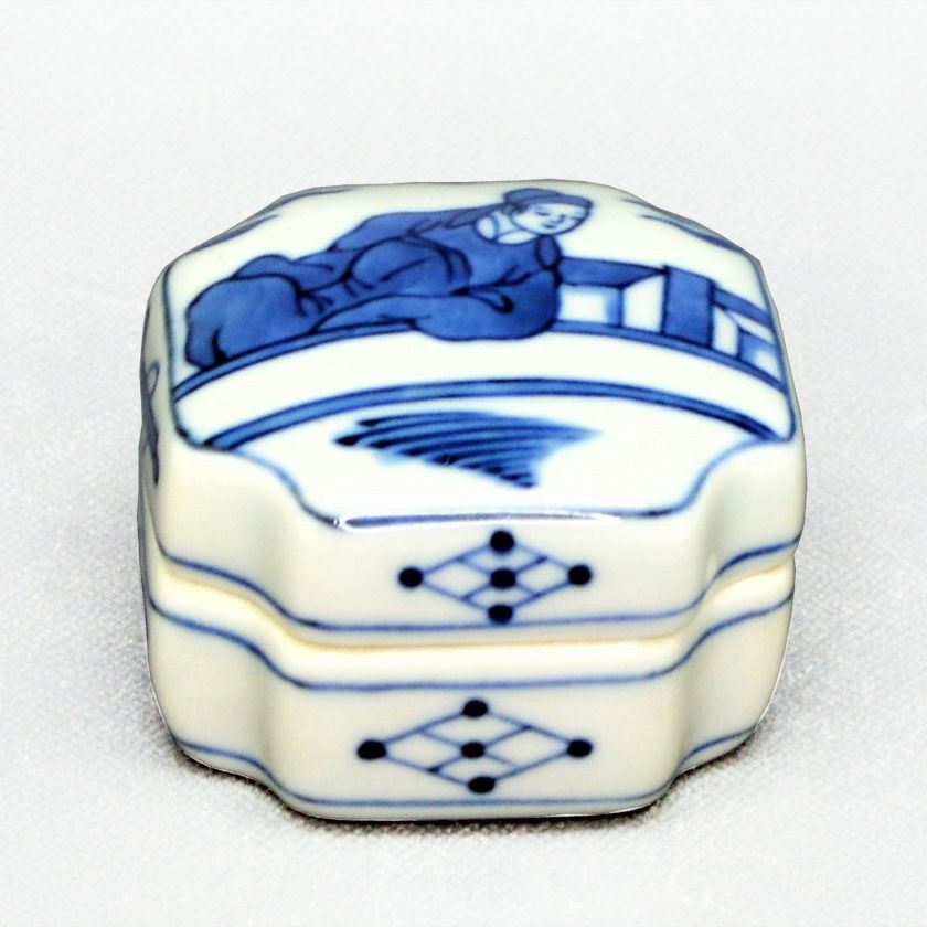 イ816 香合『景徳鎮 王懐英』『染付辻堂 香合 共箱』茶道具 染付 辻堂