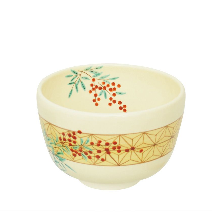 茶道具 抹茶茶碗（まっちゃちゃわん） 茶碗 色絵 南天に麻の葉紋様 八木 海峰 抹茶茶碗は茶の湯文化である表千家・裏千家の茶道具や抹茶を専門に扱う千紀園（せんきえん）が通販で販売しています。茶会また初心者向けのお稽古用にご利用いただける抹茶碗です。贈り物・ギフトにも人気です。