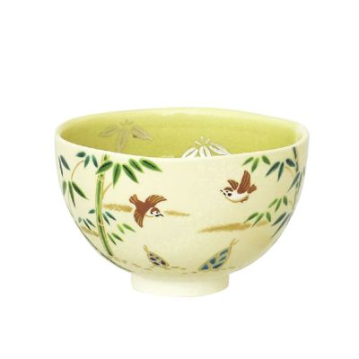 再値下げしました！　抹茶椀 茶道具 抹茶茶碗（まっちゃちゃわん） 茶碗 掛分色絵 竹林に雀 新井