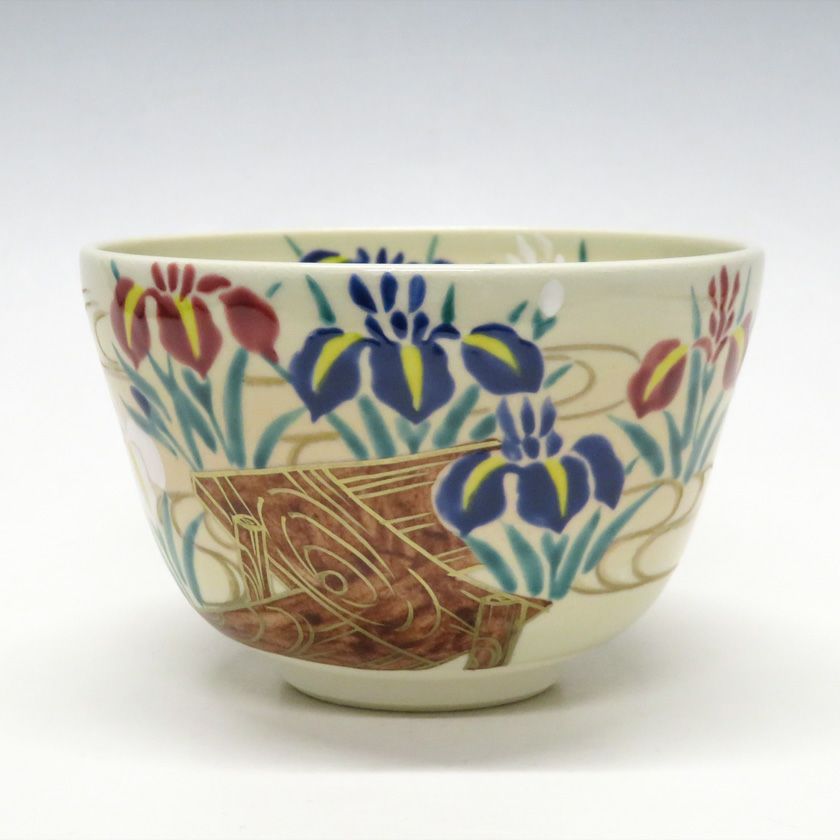 茶道具 抹茶茶碗（まっちゃちゃわん） 茶碗 色絵 八ツ橋に菖蒲 加藤