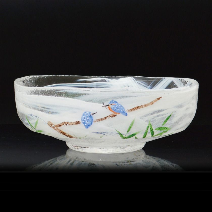 茶道具 【広畑久仁彦】蟹図 ガラス 平茶碗 紙箱 義山 夏茶碗 茶道具