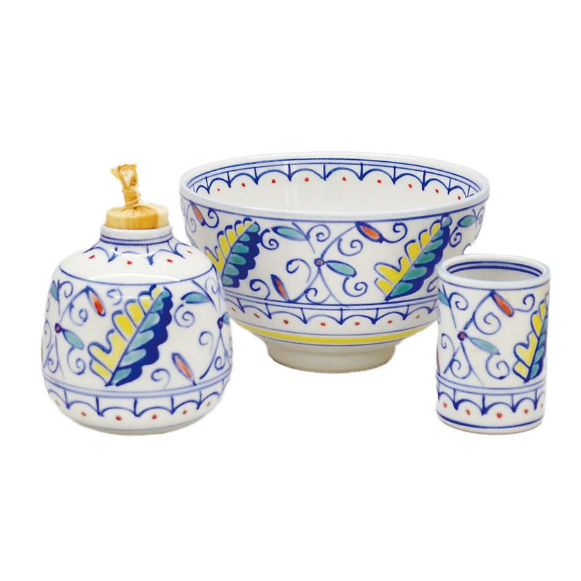 茶道具 三点セット（茶碗・振出・茶巾筒） 紅毛（青） 三ツ揃 手塚 祥