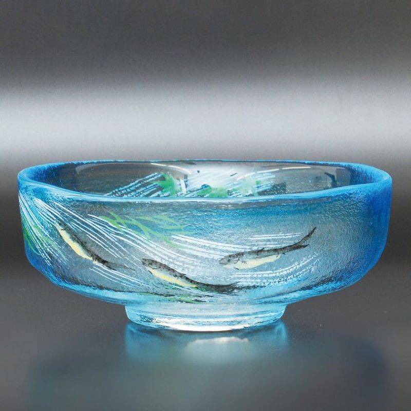 ベストセラー 茶道具 平茶碗（ひらちゃわん） ガラス馬盥茶碗 青楓に鮎 広畑 工芸品