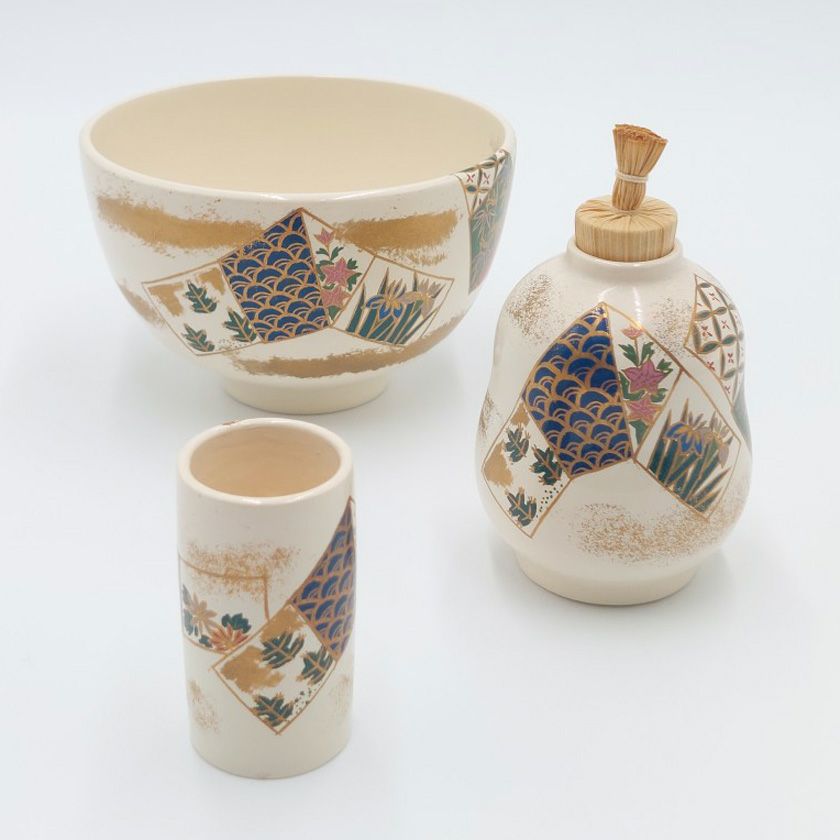 茶道具 三点セット（茶碗・振出・茶巾筒） 三点セット 白漆 結蒔絵 宗悦