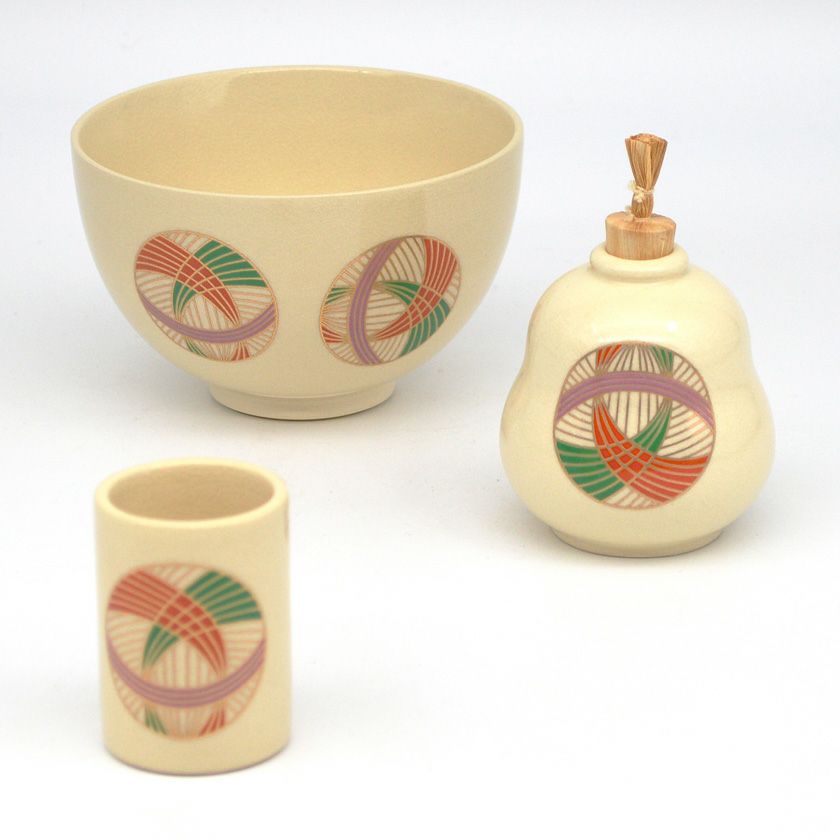 茶道具 三点セット（茶碗・振出・茶巾筒） 陶器三点セット 仁清 マリ 英香