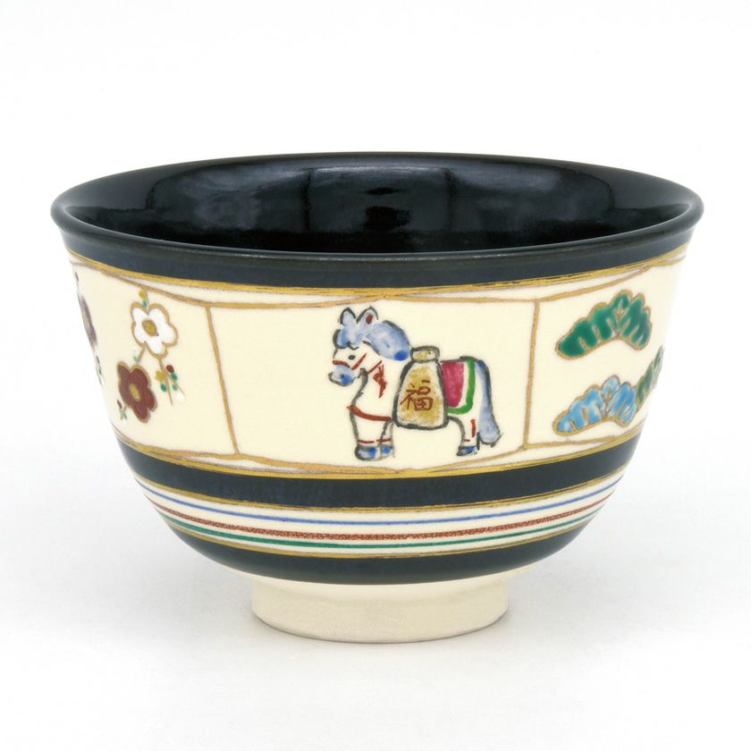 茶道具 抹茶茶碗（まっちゃちゃわん） 茶碗 黒仁清 独楽筋 松竹梅に馬 燦光