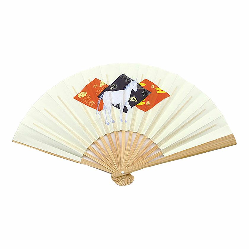 茶道具 扇子（せんす） 扇子 5寸 白竹 菱紋に白馬 干支 午（うま、馬）