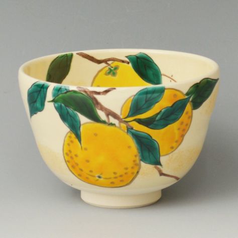 茶碗 色絵 柚子筒茶碗 茶道具 抹茶茶碗 抹茶碗 茶碗 仁清 柚子 抹茶
