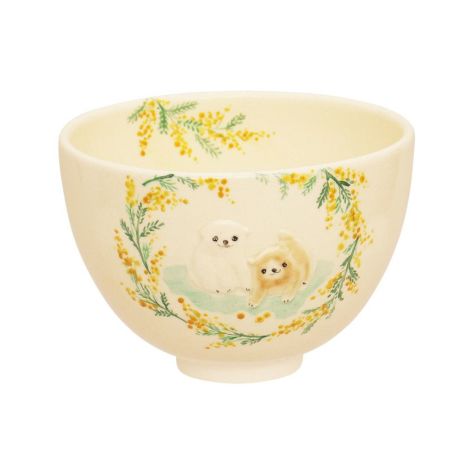 茶道具 抹茶茶碗（まっちゃちゃわん） 茶碗 浮彫 ミモザに子犬 今岡 三四郎